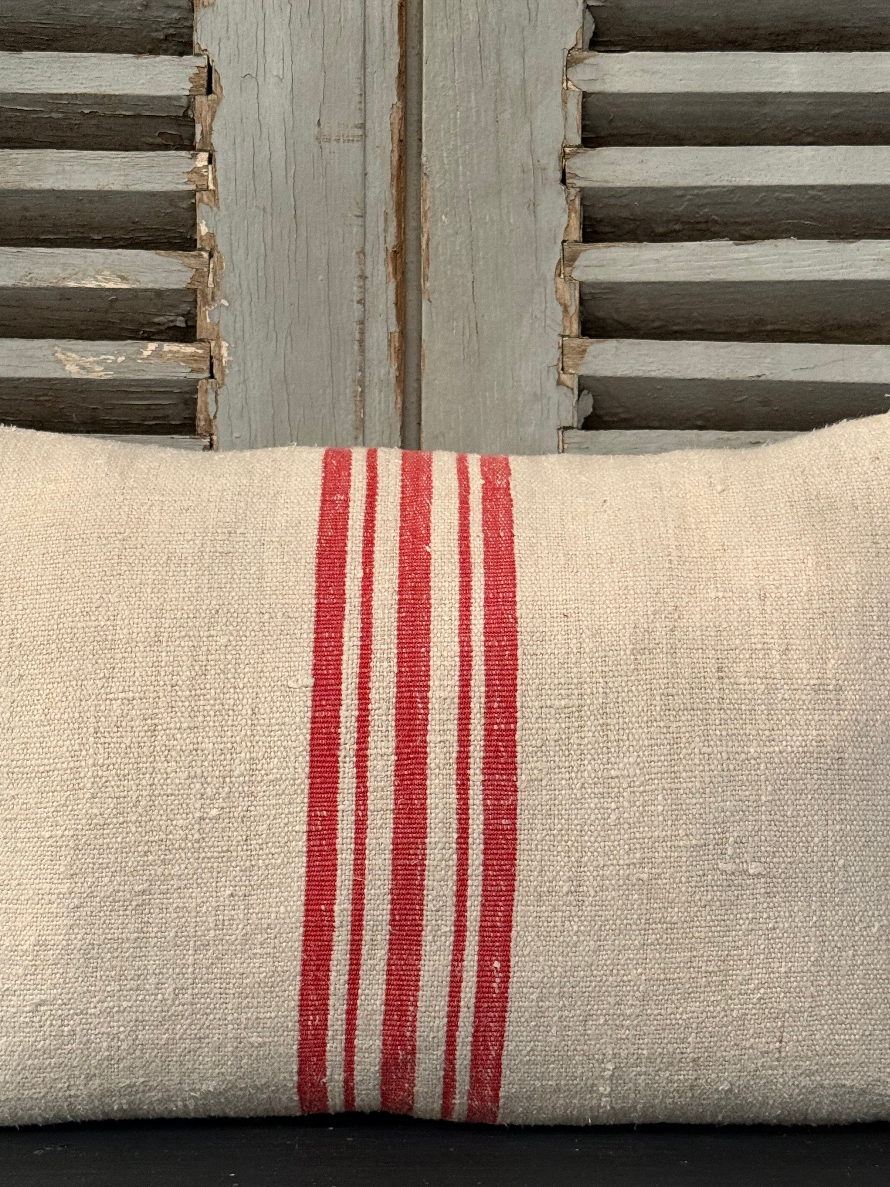 Antique Grainsack Cushion Red Stripe - 40cmW x 25cmH