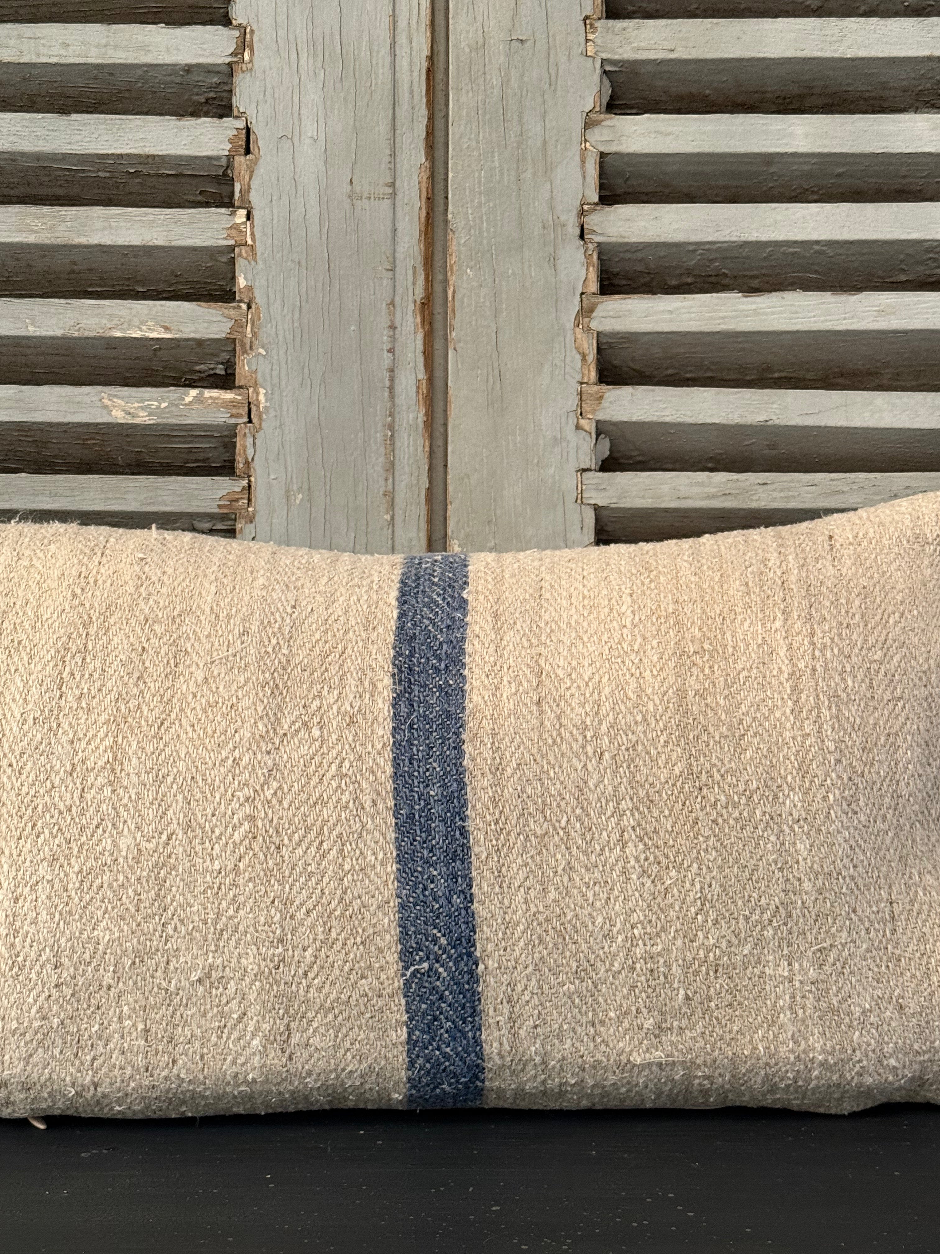 Antique Grainsack Cushion Blue Stripe - 40cmW x 25cmH