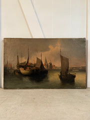 19th Century Dutch Oil "Boats On A Gloomy Harbour"