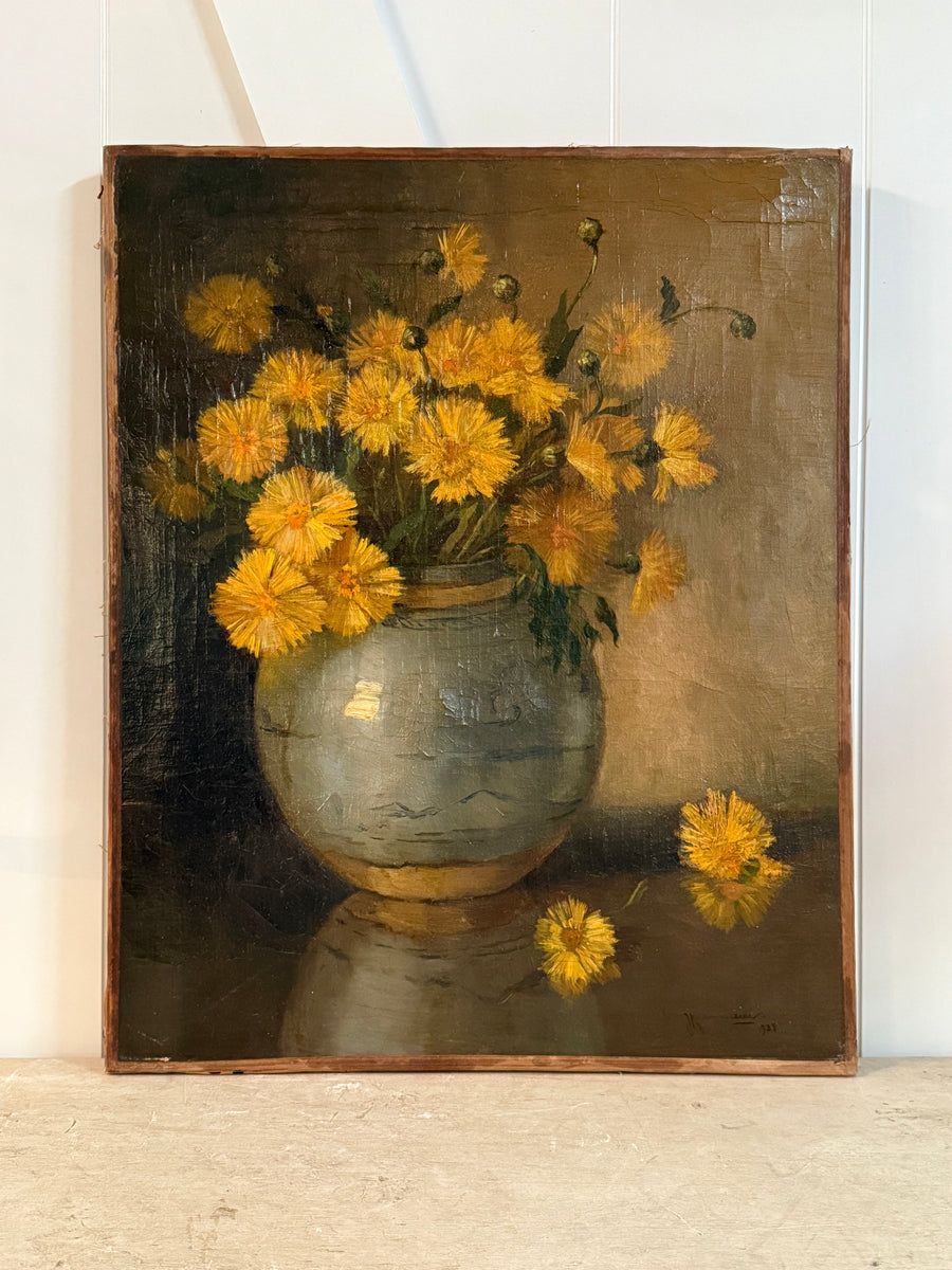 Antique Oil On Linen "Dandelions"