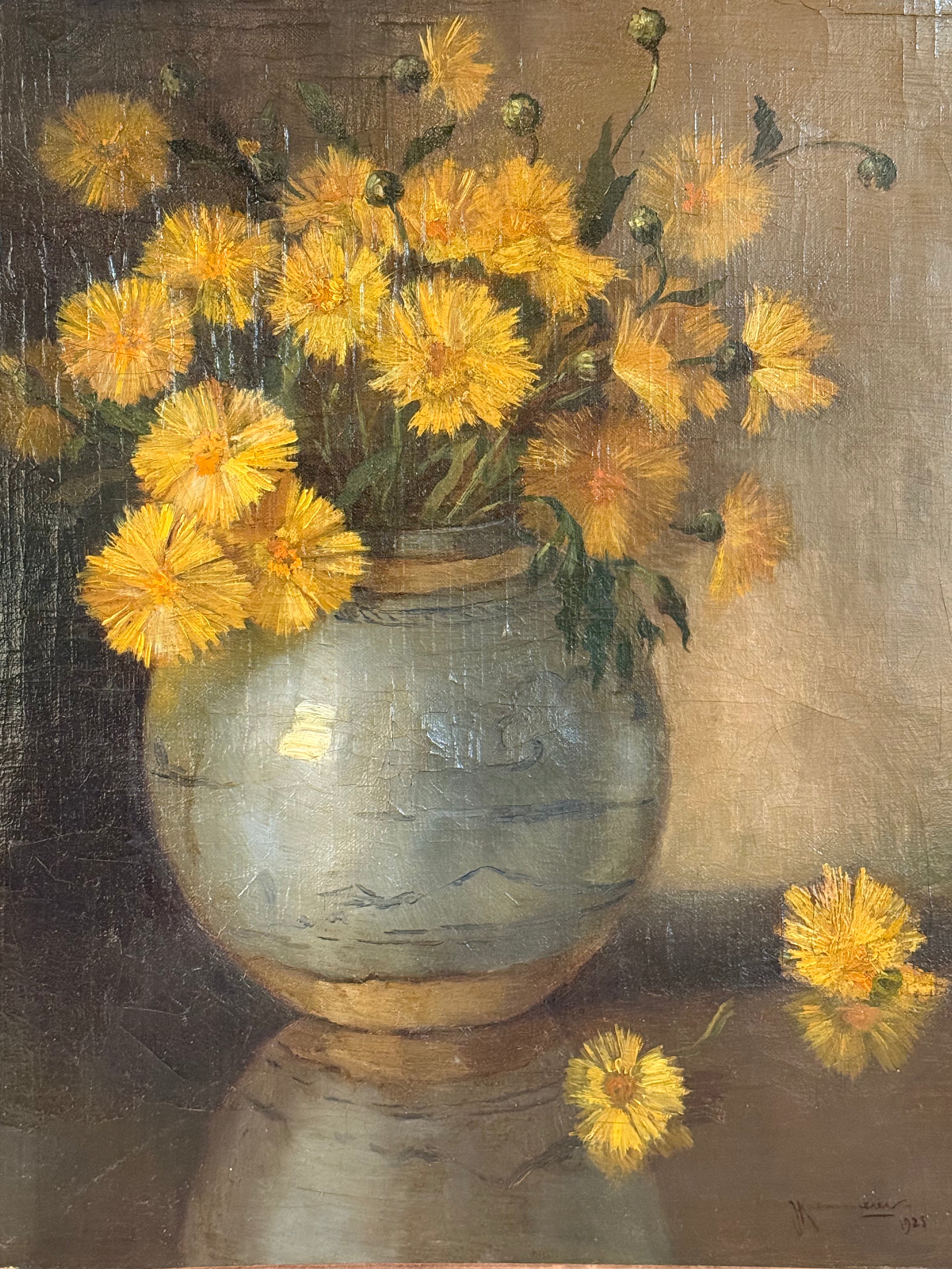 Antique Oil On Linen "Dandelions"