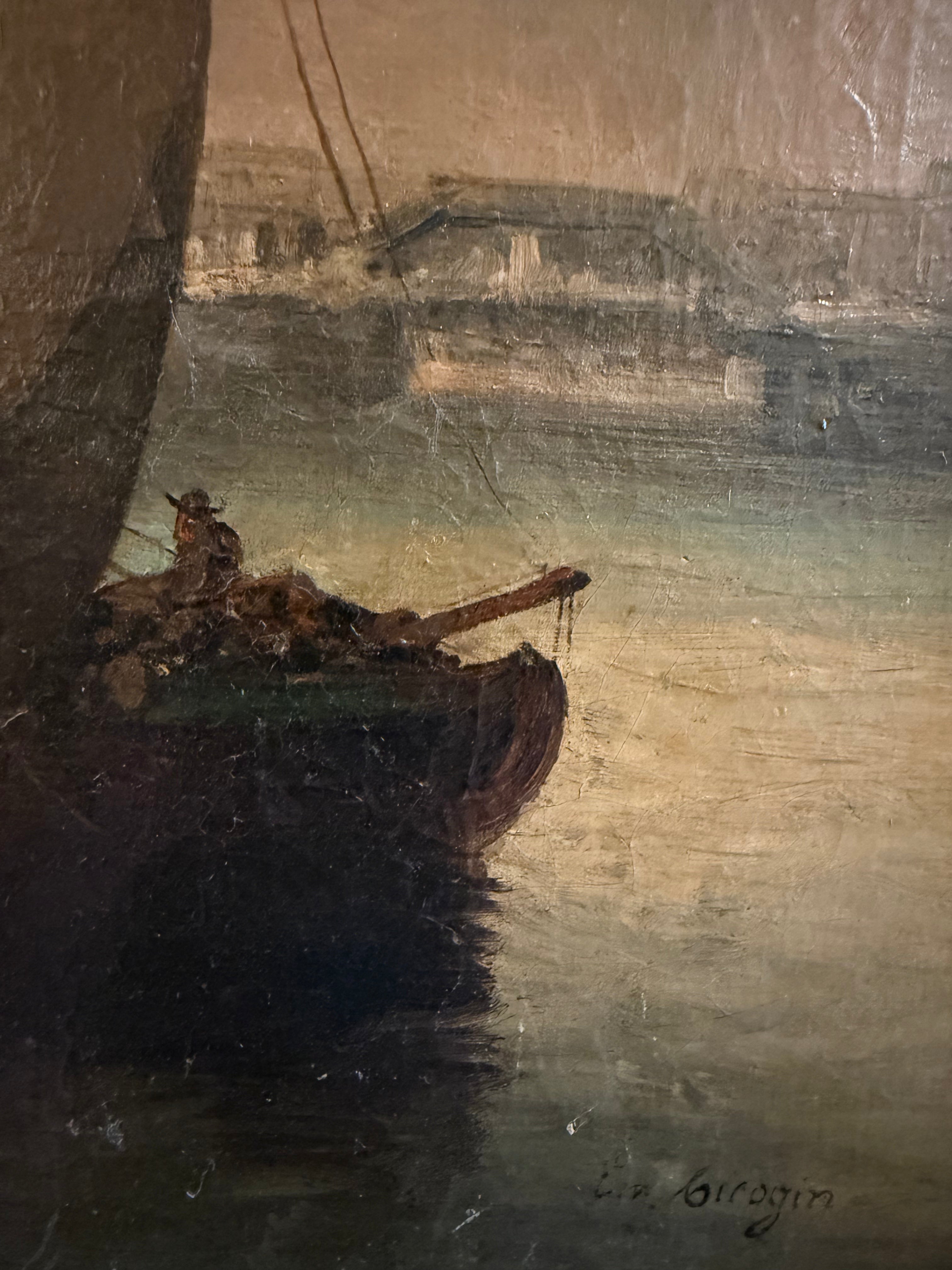 19th Century Dutch Oil "Boats On A Gloomy Harbour"