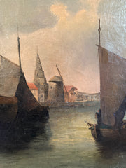 19th Century Dutch Oil "Boats On A Gloomy Harbour"