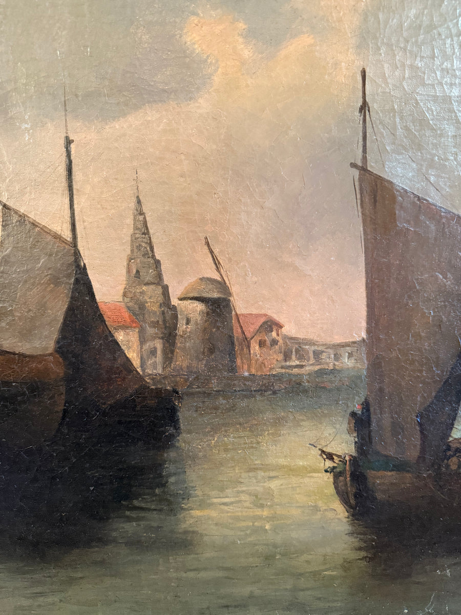 19th Century Dutch Oil "Boats On A Gloomy Harbour"