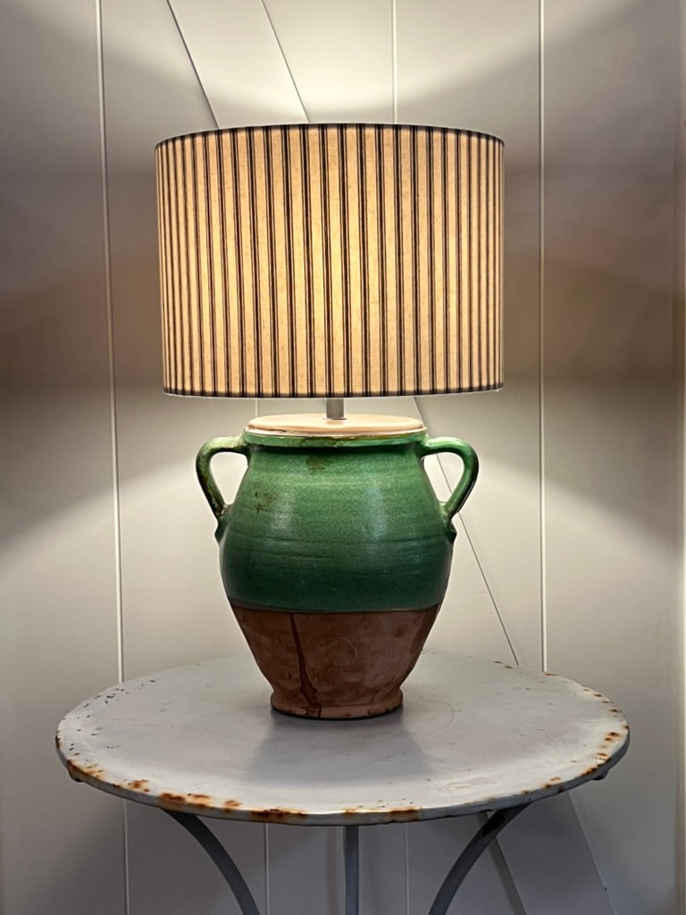 Antique Confit Pot Lamp W Ticking Shade