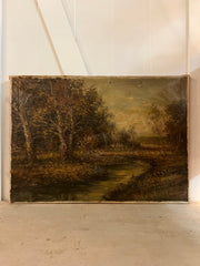 Antique Dutch Oil On Canvas "A Wooded River"